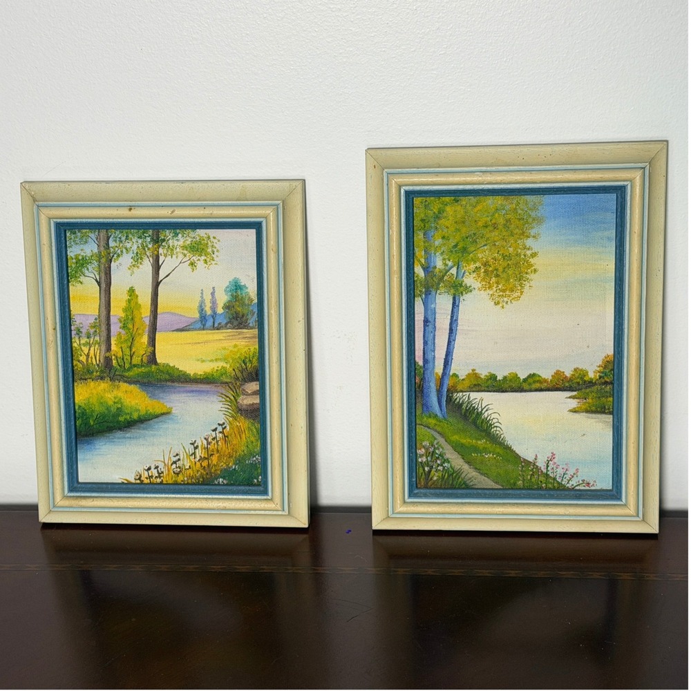 Vintage Pair Hand Painted Canvas Landscape Art Framed Lake River Scenes - Picture 2 of 13